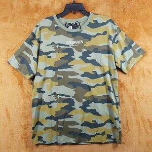 BALMAIN Shirt Mens Medium Green Camo Pullover Crew Embroidered Logo Tee $550